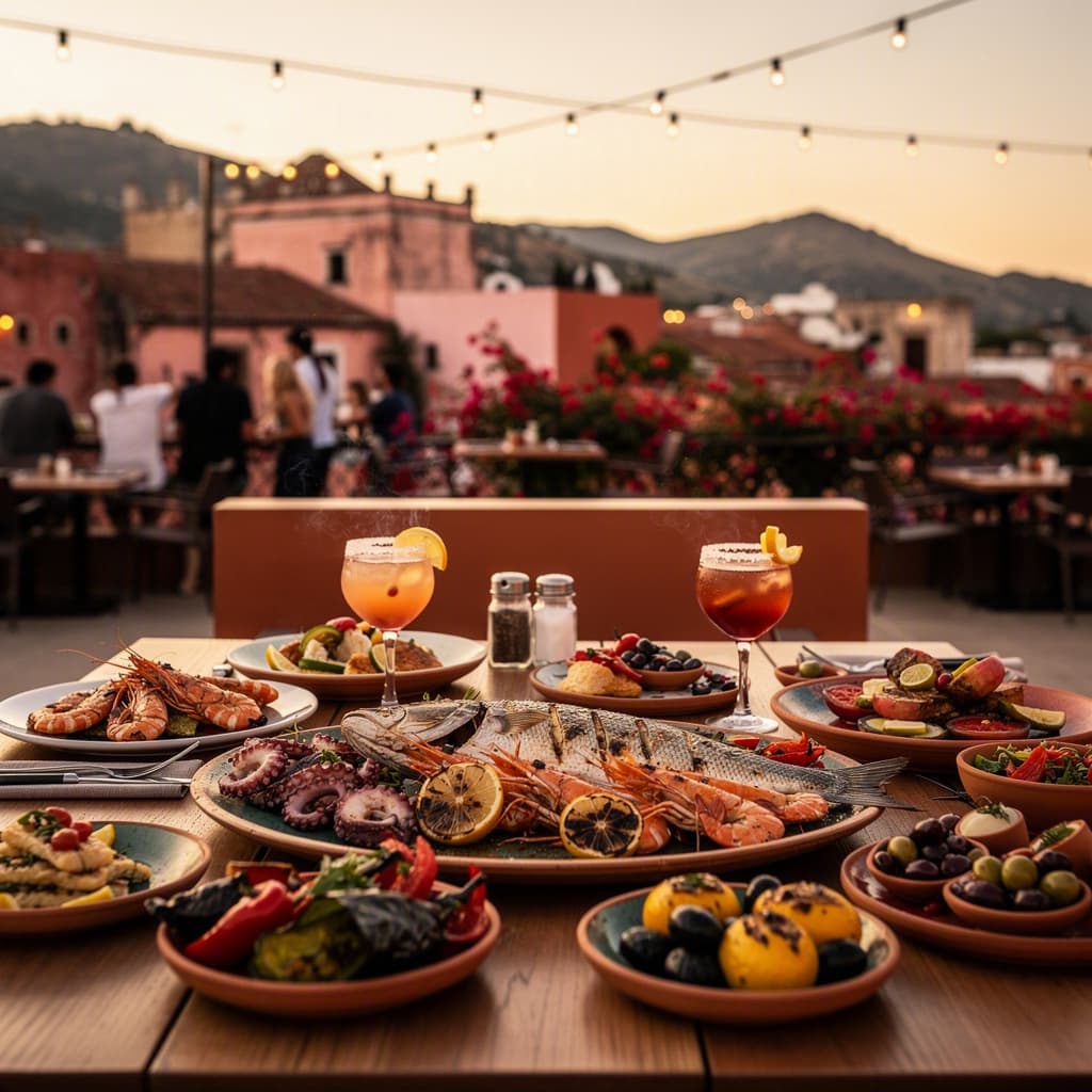 Platos mediterráneos para compartir en el restaurante del rooftop