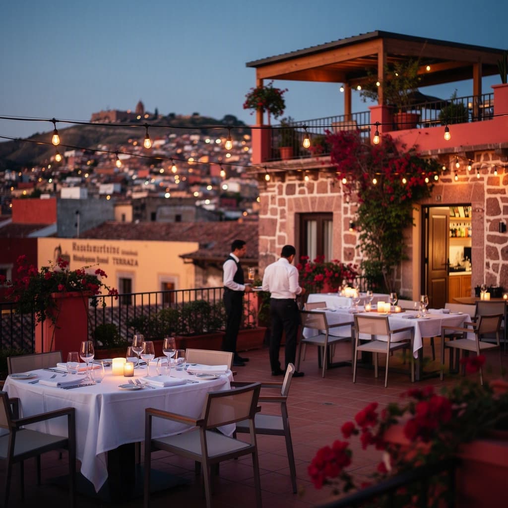 La terraza del rooftop al anochecer