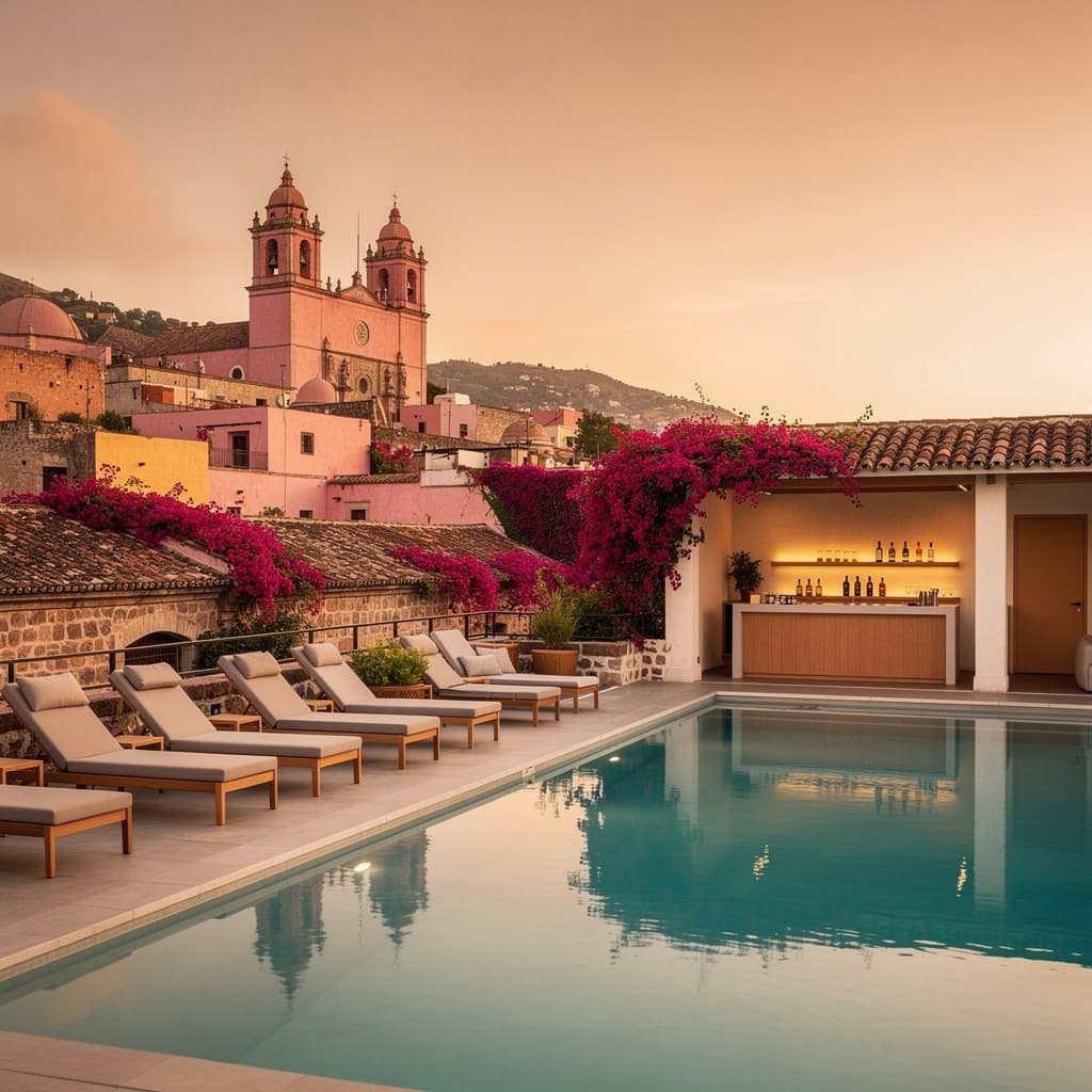 La alberca del rooftop con vista a la Parroquia y al perfil de San Miguel