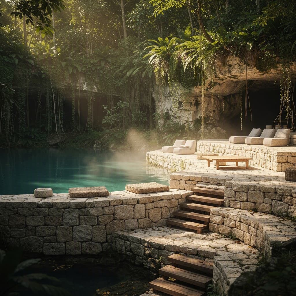 Terrazas de piedra seca al borde del cenote