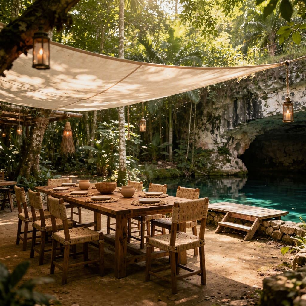 Claro de comedor bajo lona en la selva