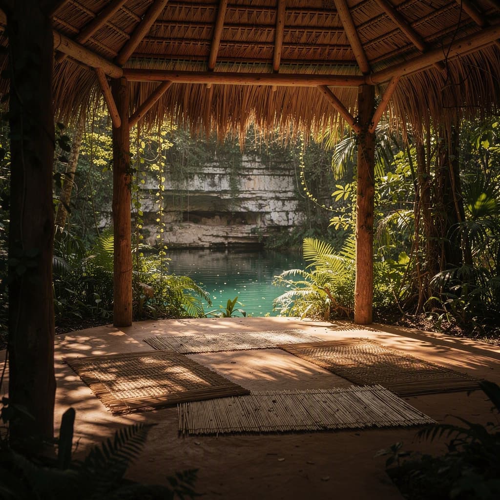 El pabellón de palapa al aire libre en la selva