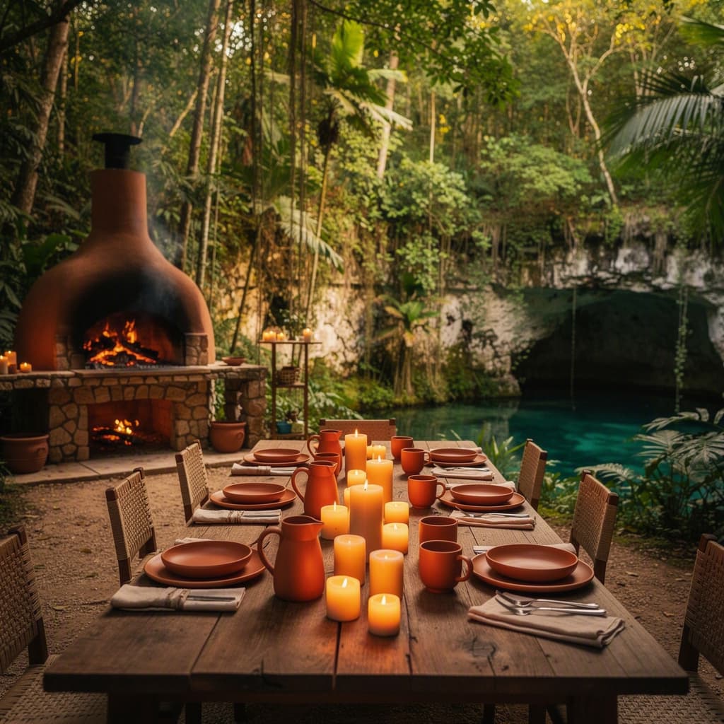 Una mesa puesta con barro y velas en la selva