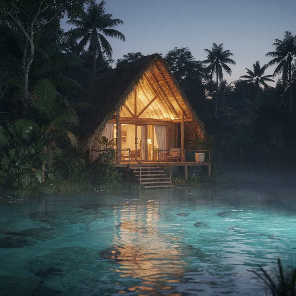 Habitación A-frame iluminada en la selva al anochecer
