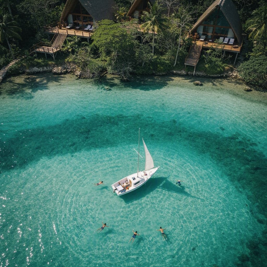 Velero y nadadores en la laguna desde el aire