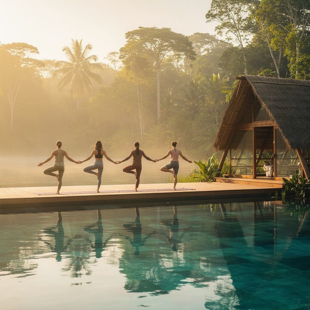 Yoga al amanecer en el deck junto a la laguna